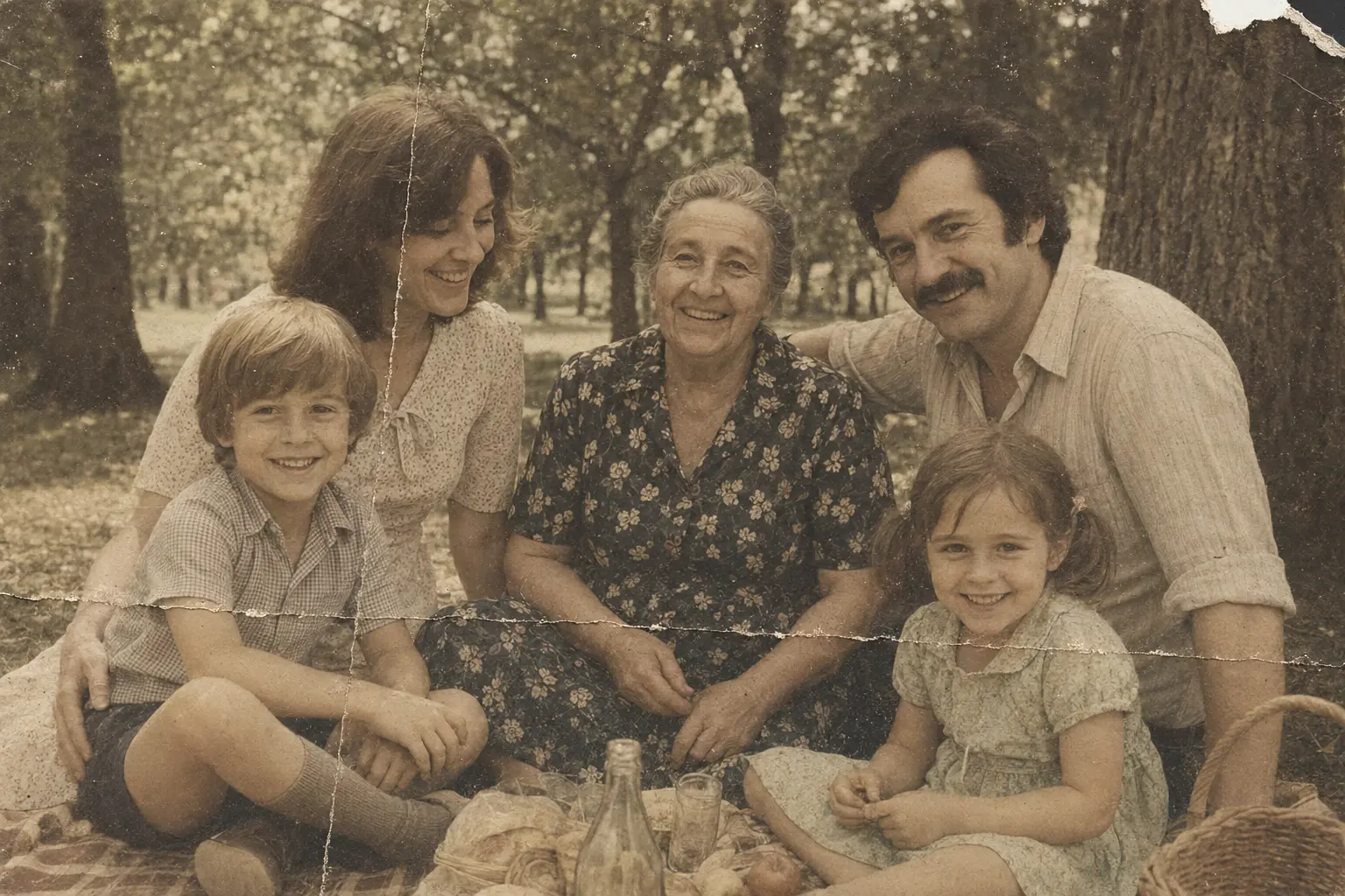 Ancienne photo de famille avec rayures, pliure et couleurs passées