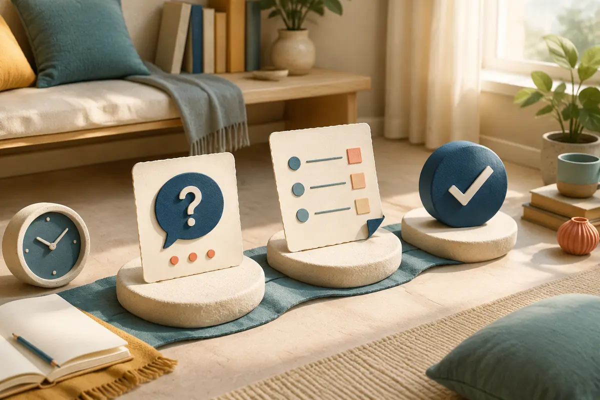 Un parcours simple relie une question, une liste de pratique et une vérification.