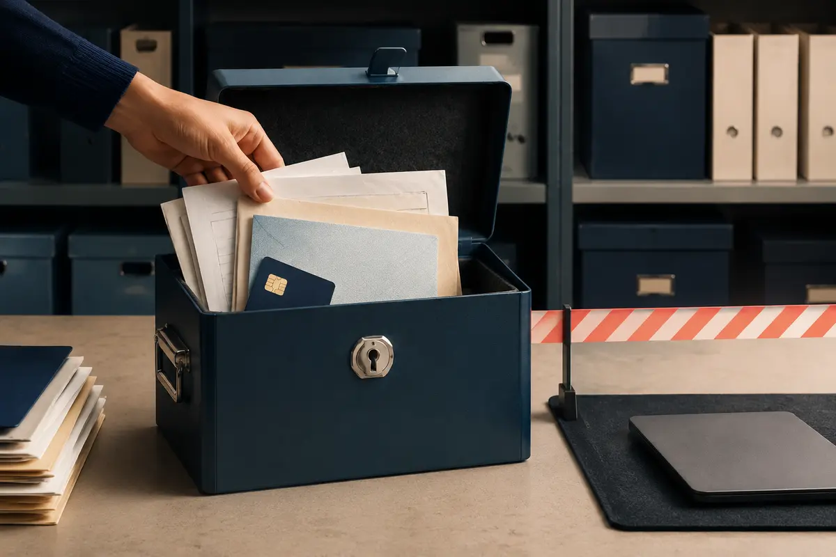 Des documents sensibles sont rangés dans une boîte sécurisée, séparée d’un appareil.