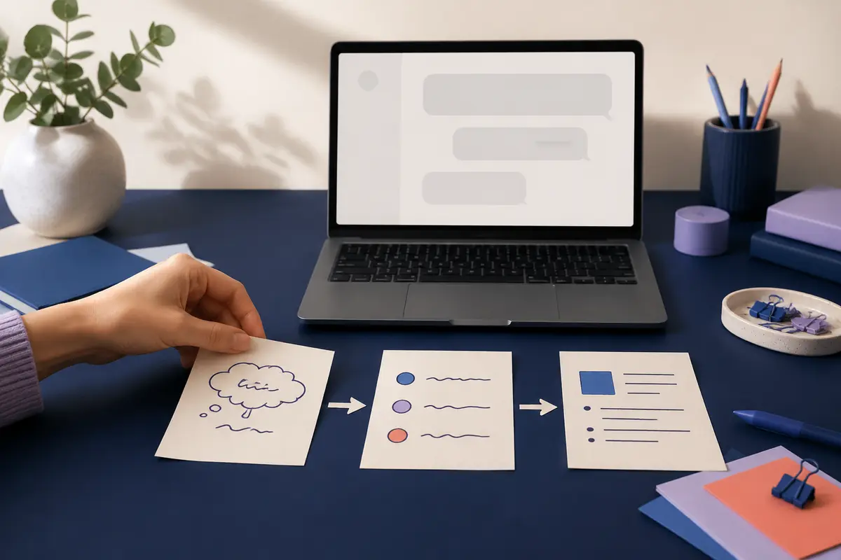 Une main transforme des notes floues en consignes structurées près d’un ordinateur.
