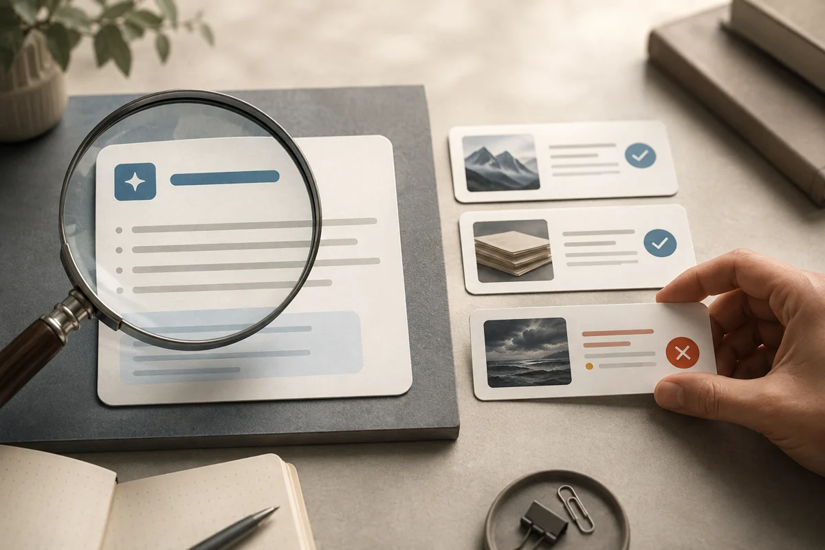 Une réponse d’IA est comparée à plusieurs sources sous une loupe, avec des preuves confirmées et un point incertain.