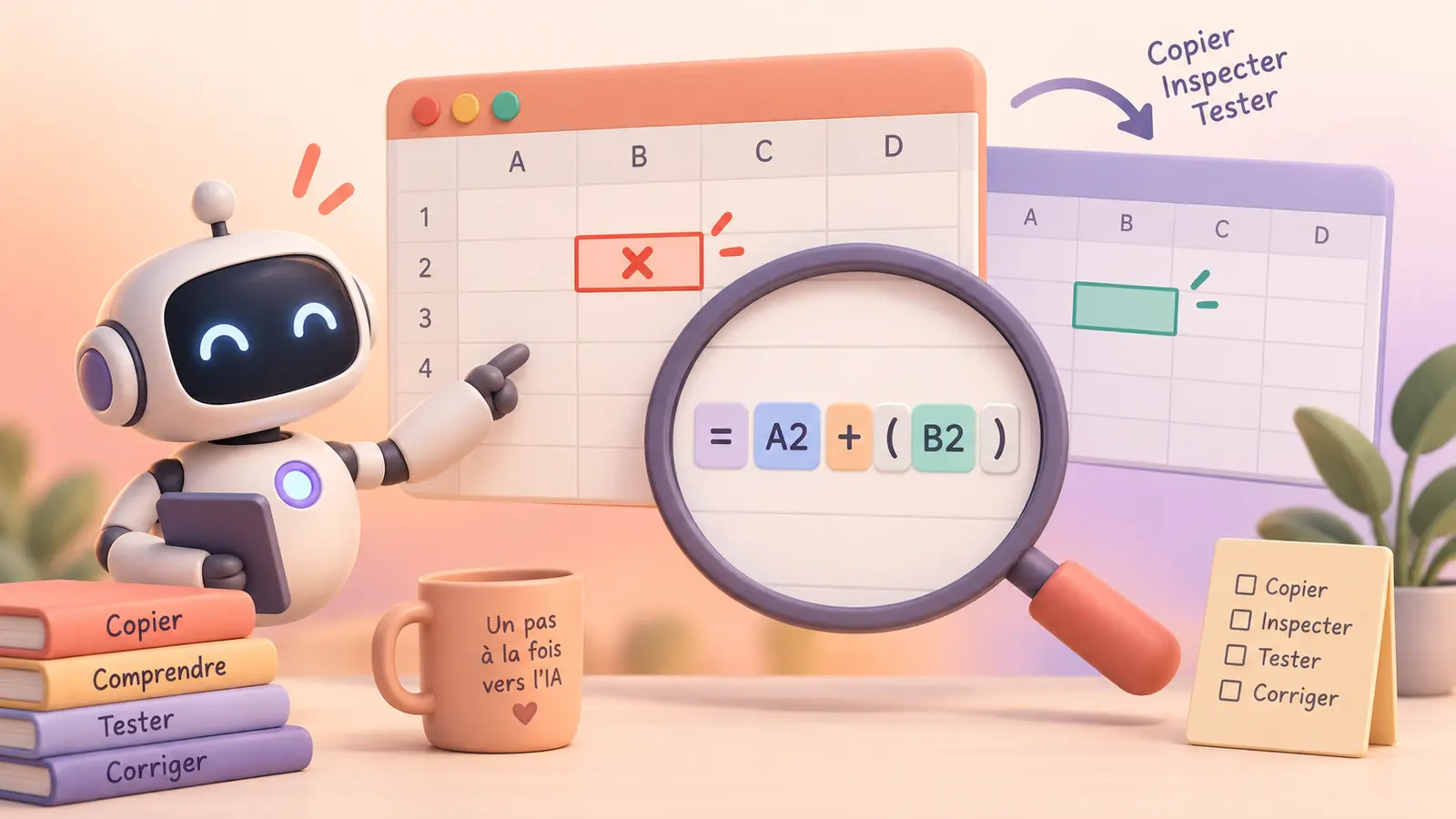 Un robot inspecte une formule de tableur cassée avec une loupe avant de tester une correction sur une copie.