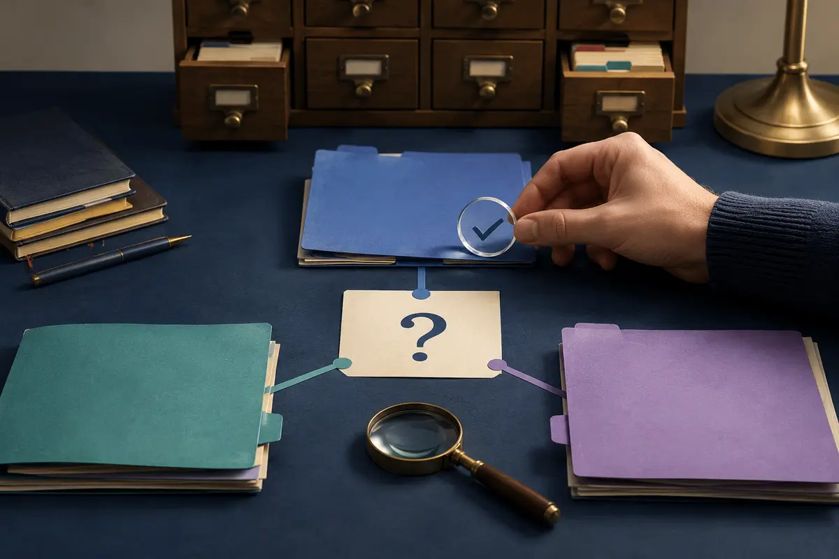 Une question est comparée à trois dossiers sources avec une loupe.